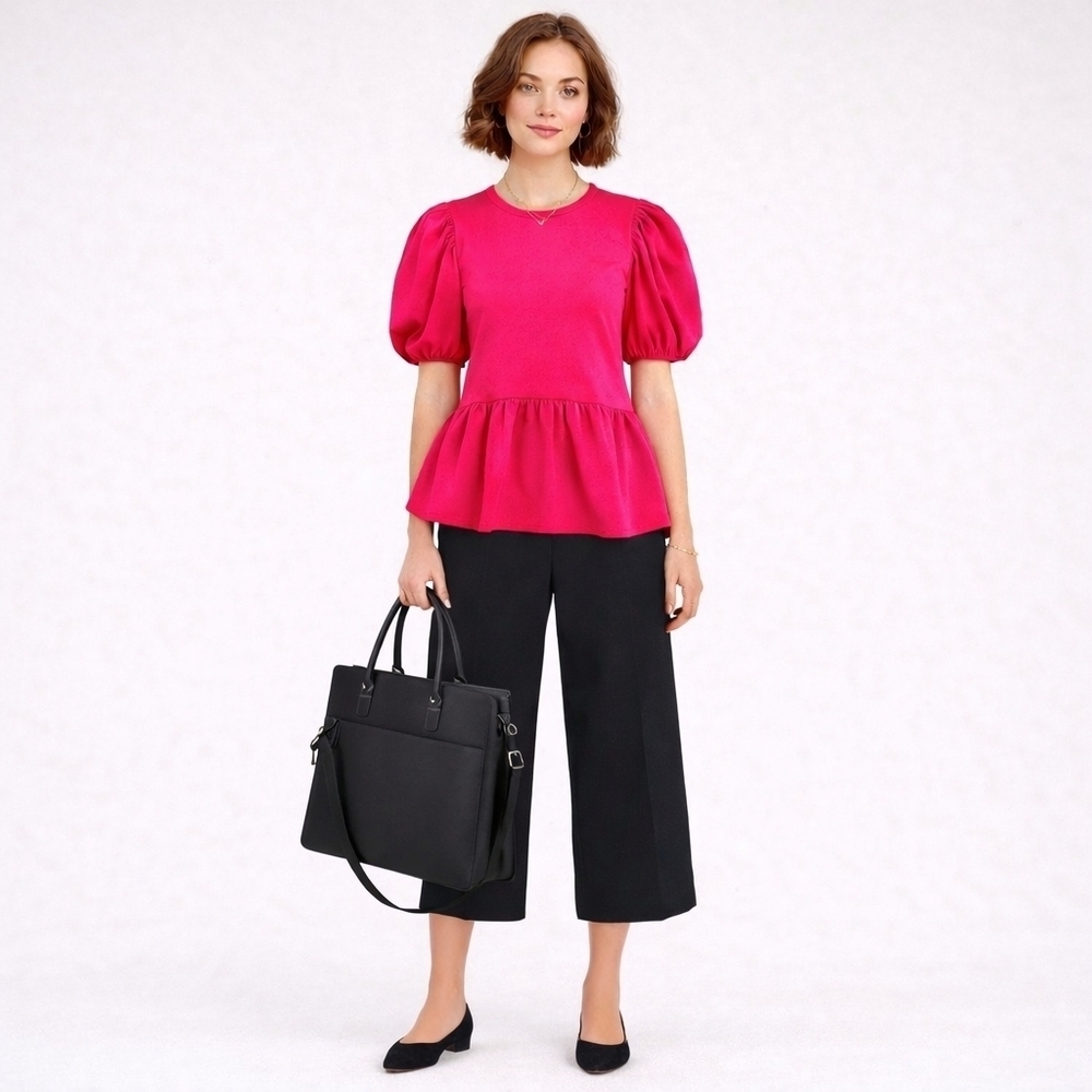 English Factory Hot Pink Peplum Babydoll Feminine Top Puff Sleeves Size Medium - Picture 10 of 10